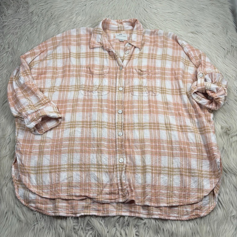 American Eagle Women's XS Pink Plaid Oversized Button Front Shirt Linen Blend